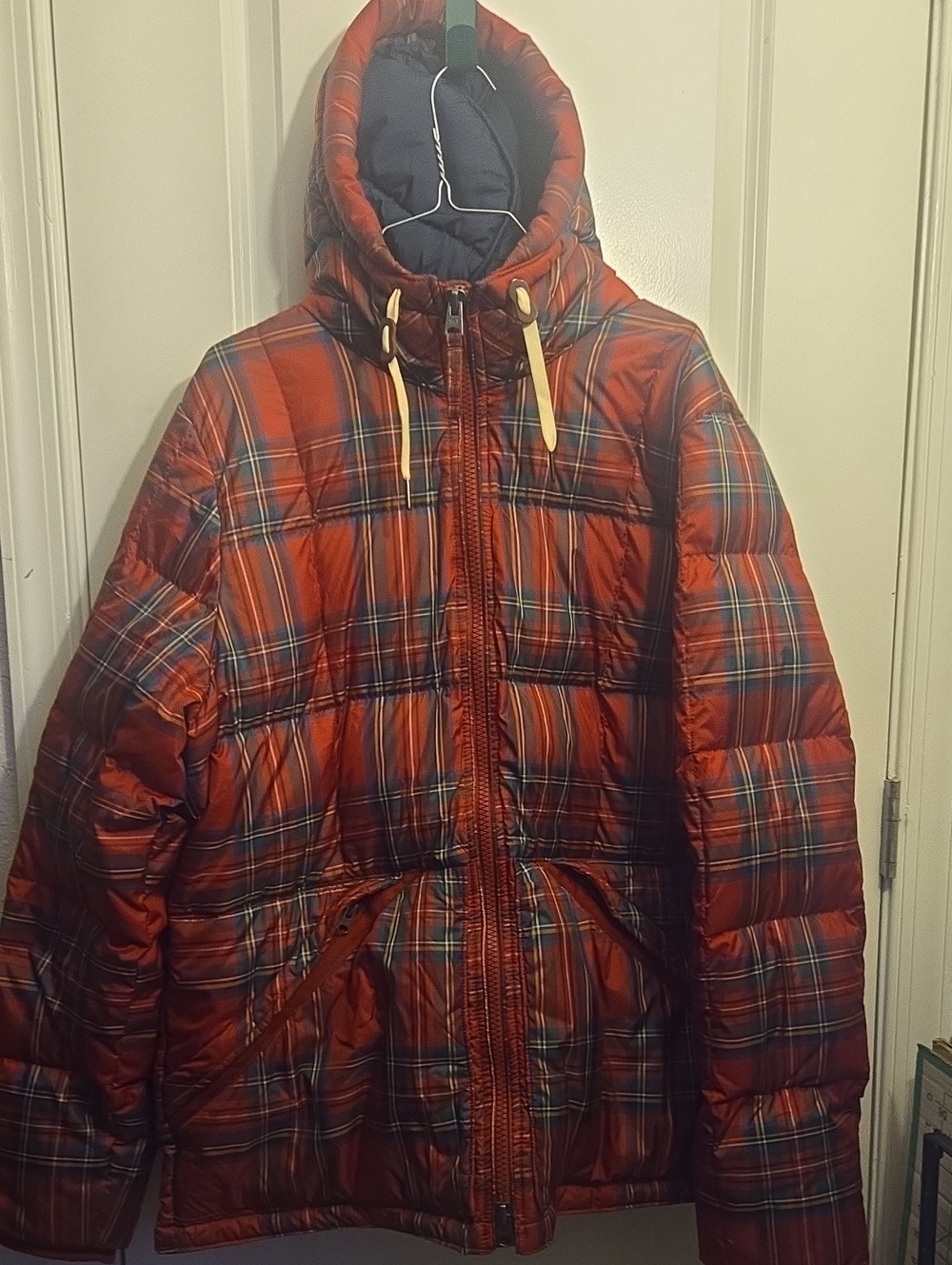 Plaid Puffer Hooded Jacket - Red Plaid